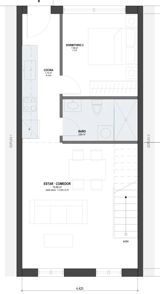Propuesta A: estar y comedor con doble altura, cocina y un dormitorio